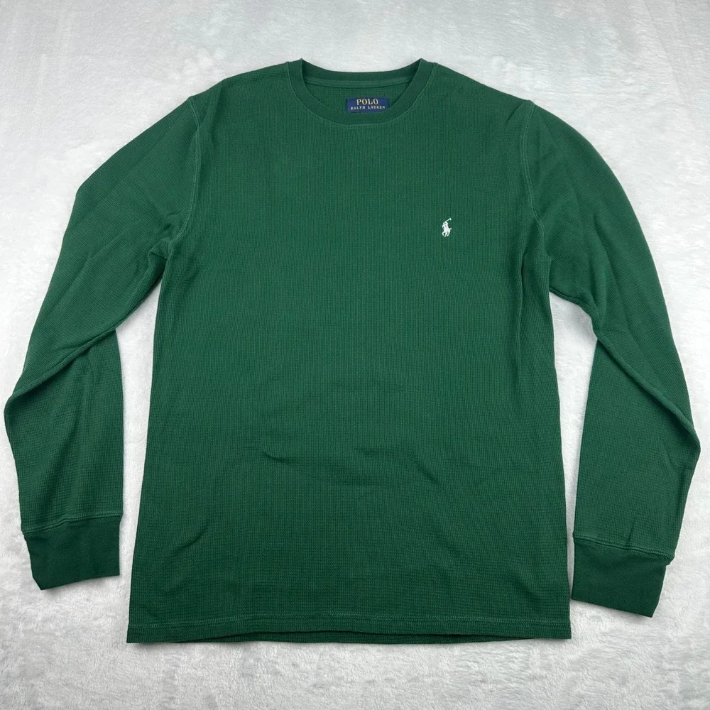 Polo Ralph Lauren Mens Size Large Green Waffle Knit Thermal Long Sleeve Shirt